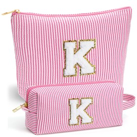 Fohufo Travel Toiletry Bag Set for Women - Travel Essentials, Initial Travel Makeup Bag Organizer Small Cosmetic Bag for Purse Pink Stuff Gifts for Women Mom Girlfriend Teacher (Pink Letter K)
