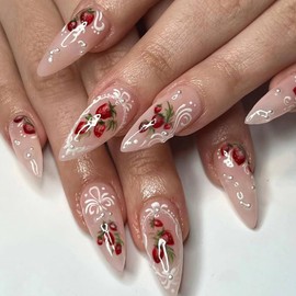 Almond Press On Nails，Almond Shaped Press On Nails，Almond Nails Press On， Retro Cute Almond Nails Medium Fake Nails with White Lace&Strawberry Design Artificial Nails Stick on Nails For Women 24Pcs