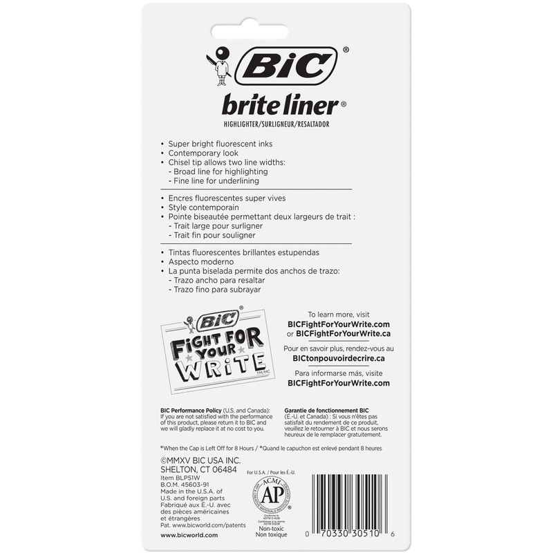 BIC® Brite Liner® Highlighters, Chisel Point, Yellow, 5-Pack