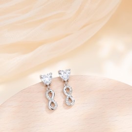 J.MUEN Infinity Earrings Women's 925 Sterling Silver Stud Earrings with Heart Zirconia Earrings for Women with Jewellery Gift Box, Silver, Cubic Zirconia