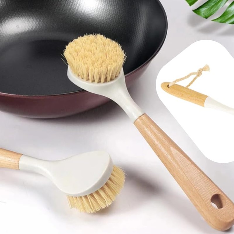 Afnax Dish Cleaning Brush with Handle Built in Scraper, Bamboo