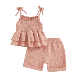 Kavousa Toddler Girl Summer Clothes Baby Girl Smocked Ruffle T Shirt Top Short Set Little Kids Girl Outfit Beach Essential (Solid Pink, 12-18 Months)