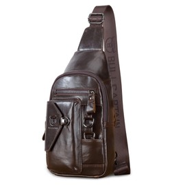Vintage Genuine Leather Sling Bag Backpack for Men Crossbody with Cellphone Stand Chain Chest Shoulder Crossbody Daypack Coffee