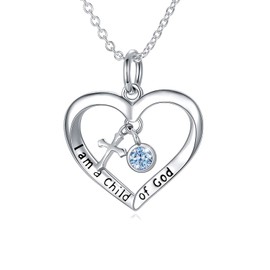 PEIMKO Baptism Gifts for Girls I am a Child of God March Birthstone Cross Heart Pendant Necklace 925 Sterling Silver First Communion Gifts for God Daugher 16 Inch