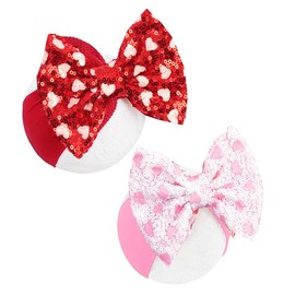 Red Pink Heart Baby Bow Headbands Sequin Bows Glitter Hair Bow for Girts Toddler Red Pink Baby Headband Bows 6-24 Months.(FD104) (Heart-shaped Red)