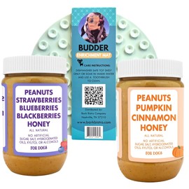 BUDDY BUDDER Superberry Snoot + Pumpkin Pup Blue Dog Enrichment Mat Combo, 100% Natural Peanut Butter, Healthy Dog Treats - Made in USA (Set of 2 / 17oz Jars + Lickmat)