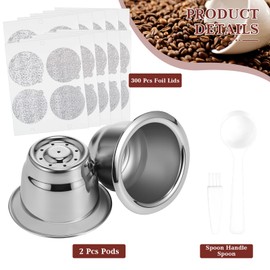 Tanlade 300 Pcs Reusable Espresso Capsules 2 Refillable Coffee Pods Stainless Steel Cups Filters Compatible with Nespresso Original Line Machines with Aluminum Foil Seals Stickers Lids