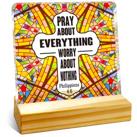 Inspirational Bible Gift,Pray About Everything Christian Desk Decor,Classic Religious Scripture Desk Decor,Cross Sign Bible Verse Acrylic Plaque,Christian Philippians 4:6 Office Shelf Decor