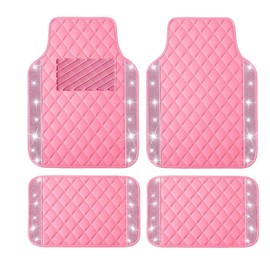 Universal Car Floor Mats with Diamond,Glitter Faux Leather Pink Carpet All Weather Waterproof Crystal Rhinestones Auto Liners Foot Pads Set