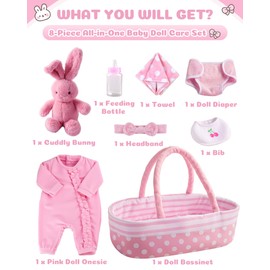 BABESIDE 8 Pcs Baby Doll Accessories, Reborn Baby Dolls Clothes with Bassinet for 17-22 Inch Baby Dolls, Outfit fit Newborn Babies Doll Girl, Babies Pretend Play Set