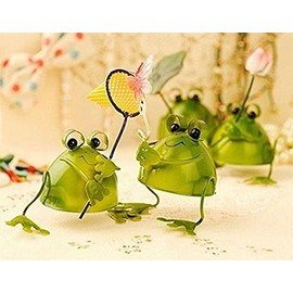 Cotrino 4 Small Frogs Bringing Good Luck Petite Figurine Present Great Decor Cute Frog Object Made of Tin (Leaves, Net, Flowers, Butterfly)