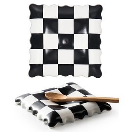 Ceramic Spoon Rest, Pink Checkered Spoon Rest for Stove Top, Large Spoon Holder, Spoon Rest for Kitchen Counter, Coffee Accessories for Housewarming& Coffee Station