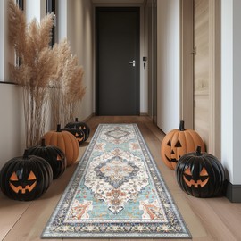 BEIMO Runner Rugs for Hallway 2x5 Machine Washable Runners, Boho Vintage Retro Floral Medallion Runners for Kitchen Entryway Bathroom, Low Pile Lightweight Thin Chenille Non Slip Runner Rug，Cyan