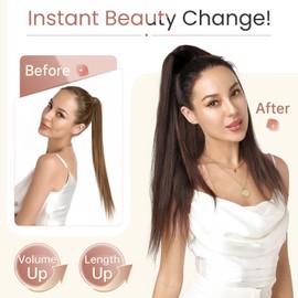 Elailite Claw Clip Ponytail Hair Extensions Real Human Hair Natural HairPiece Straight (#04 Medium Brown, 16 Inch)