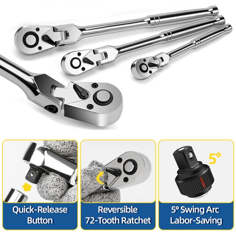 FOXCODE 6-Piece Flex Head Ratchet Set, Chrome Vanadium Steel, 1/4",