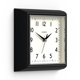 Jones Clocks® Mustard Square Retro Wall Clock Modern Colour Design Perfect as a Kitchen Clock, Living Room Wall Clock or Office Clock with Easy to Read Numbers 25cm (Black)