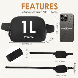 Bomvabe Black Belt Bag 1L with 2-Way Zipper for Wmen Girls, Small Fanny Pack with 53" Adjustable Belt, Crossbody Bag with Multiple Pockets, Fashion Waist Bag for Travel Gym Running Hiking Cycling