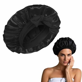 Satin Silk Sleep Cap Adjustable Women Men Bonnet Night Hair Care Protection Head Cap for Curly Long Hair Smooth Breathable (Black)