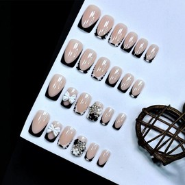 Short Square Press on Nails Black French Tip Fake Nails with 3D Bows Star Charms Design Full Cover Acrylic Nail Kit Black White Zebra Print Nail Tips False Nails Glossy Stick on Nails for Women 24Pcs