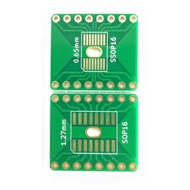 Small Board Shop Pitch Conversion Board SOP16 SSOP16 TSSOP16 DIP Conversion, 16 PIN, Double-Sided, 0.05 mm Pitch, 0.025 inch (0.65 mm) Pitch, Minimum Wire Width 0.02 inch (0.4 mm), Gold Plated, Set of