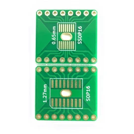 Small Board Shop Pitch Conversion Board SOP16 SSOP16 TSSOP16 DIP Conversion, 16 PIN, Double-Sided, 0.05 mm Pitch, 0.025 inch (0.65 mm) Pitch, Minimum Wire Width 0.02 inch (0.4 mm), Gold Plated, Set of