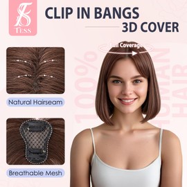 Clip in Bangs Hair Toppers for Women 100% Real Human Hair 360° 3D Cover Lace Topper Daily Wear Natural Look 10 Inch Side, Dark Brown