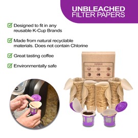 Delibru Unbleached K Cup Filters With Lid for Reusable Coffee Pods - Pack of 300 - Keurig Coffee Filters for K Cup - Natural and Compostable