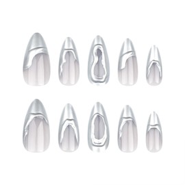 SINHOT Medium Press on Nails Almond Fake Nails Glossy Glue on Nails 3D Silver Chrome Acrylic Nails Stiletto Artificial Nails French Tip Stick on False Nails with Design 24 pcs