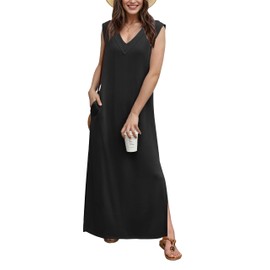 GRECERELLE Women's Summer V-Neck Casual Loose Split Long Maxi Dress with Pockets (XX-Large, Black)