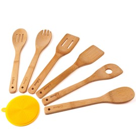 Libosa Wooden Spatula Bamboo Utensil Set 6 Pieces Wooden Cooking Spoon Kitchen Cooking Tools for Nonstick Pots and Pans Cookware Turner Spatula Mixing Forked and Slotted Spoon