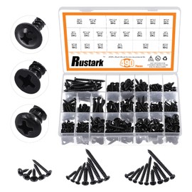 Rustark 490Pcs #6#8#10 Black Wood Screws Assortment Kit, Pan Head&Flat Head&Truss Head Wood Phillips Screws Black Zinc Plated Steel Self Drilling Sheet Metal Head Self Tapping Screws Assortment Kit