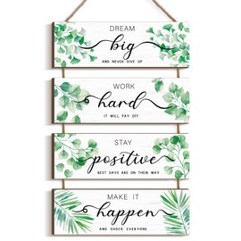 Glenmal 4 Pieces Wooden Inspirational Wall Art Motivational Office Wall Decor Positive Wood Wall Signs with Sayings Greenery Wood Quotes Wall Decor Rustic Wood Hanging Wall Plaque for Home Living Room
