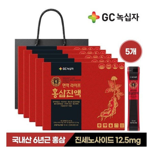 GC Green Cross Immunity Life Red Ginseng Extract 30 sachets x 5 (5 months worth) + shopping bag, single item / GC녹십자 면역 라이프 홍삼진액 30포x5개(5개월분)+쇼핑백, 단품