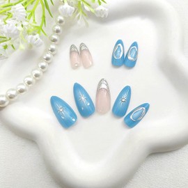 Almond Press on Nails Medium with Stars Rhinestones Irregular Round Pattern Designs Silver French Tip Nails Press ons Glossy Glue on Nails Glitter Acrylic Nails Blue Stick on Nails for Women 24 Pcs