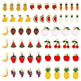 JIALEEY 60PCS Fruits Charm Assorted Gold Plated Enamel Mixed Apple Banana Pineapple Strawberry Grape Peach Charm Pendant DIY for Necklace Bracelet Earring Jewelry Making
