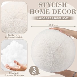 Suzile 3 Pcs Round Ball Pillows Decorative Throw Pillows 13.8 Inch Round Plush Throw Pillows Circle Pillows Fluffy Pillow Inserts for Bedroom Living Room Couch Bed Home Decoration(White)