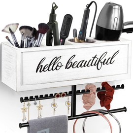 Ronjnndc Rustic Hair Dryer Holder Wall Mounted,Hair Styling Tools & Accessories Organizer,Bathroom Supplies & hot Tools vanities Organizer Caddy,for Storage Flat Iron,Blow Dryer,Curling Iron (White)