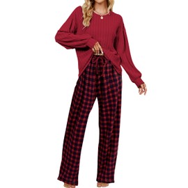 Blooming Jelly Womens Cute Pajama Sets 2 Piece Lounge Set Long Sleeve Ribbed Fleece Fall Loungewear Pockets (S, Red Plaid)