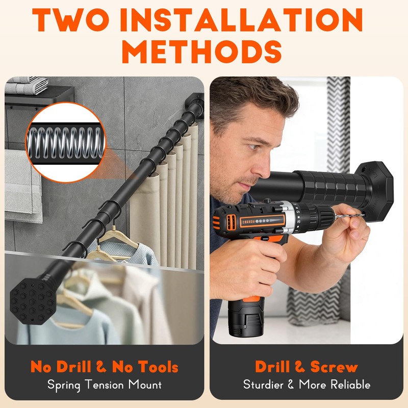 ZYKORT Tension Curtain Rod No Drilling 45-168 In, Black Outdoor