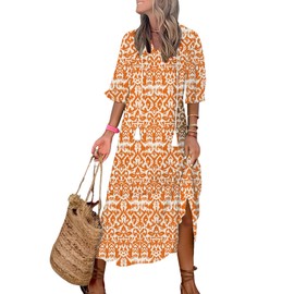 Dokotoo Cocktail Dresses Tassel Tie V Neck Summer Dresses 2024 Short Frill Sleeve Ruffle A-Line Long Dresses Casual Flowy Maxi Dress Boho Beach Dress for Women Evening Party Orange Large