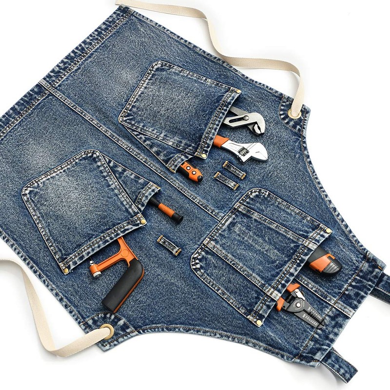 Jeanerlor Cotton Denim Cross Back Work Jean Apron with 5