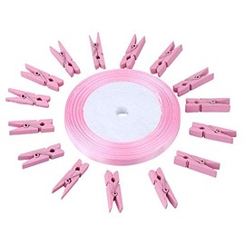 jijAcraft Baby Shower Clothespins,100Pcs Mini Pink Wood Clips with 25 Yard Pink Ribbon,3.5cm Wooden Clothespins Photo Craft Mini Clips