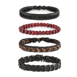 OMAI Mix 4 Wrap Bracelets Men Women, Hemp Cords Wood Beads Ethnic Tribal Bracelets, Leather Wristbands (L)