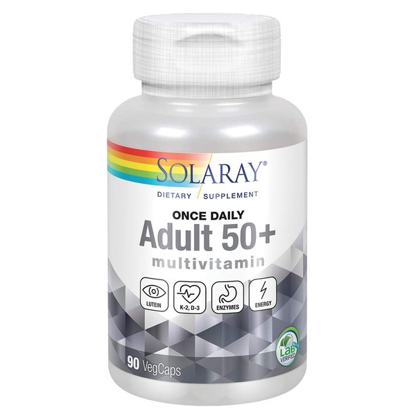Solaray Once Daily Adult 50+ Complete Multivitamin for Women & Men, Essential Vitamins & Chelated Minerals for Healthy Energy, Heart, Brain & Immune Support, With CoQ10 & Lutein, Iron Free, 90 VegCaps