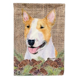 Caroline's Treasures SS4086GF Bull Terrier on Faux Burlap with Pine Cones Garden Flag Mailbox Flag Decorative Yard Flag Banner Outside Patio Artwork Yard Flower Beds, Garden Size, Multicolor