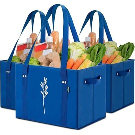Green Bulldog Reusable Grocery Bags - Heavy Duty Reusable Shopping Tote Bags W/Long Handles, Foldable & Collapsible, Holds Up to 65 lbs - for Kitchen, Picnic 3 Pack - Color: 3pc - Blue