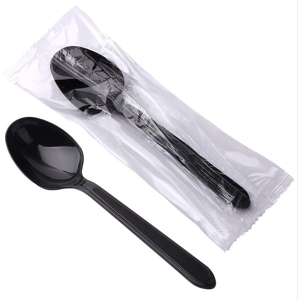 100 Disposable Spoons Individually Wrapped,Black Plastic Utensils Light-Weight Packaged Spoons Set Perfecr for Outdoors,Party, Picnic, Home, Office, Restaurant Use