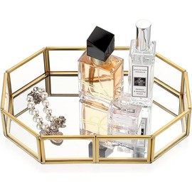 Gold Perfume Tray - Glass Mirror Makeup Tray Ornate Vanity Tray Dresser Tray Jewelry Trinket Organizer Tray for Bathroom Storage Tray for Home Decor - Color: 8" x 5.7" x 1.8"