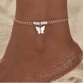 Atentuyi Butterfly Pendant Anklet Gold White Beads Ankle Bracelet Bohemian Foot Chain Anklet Barefoot Beach Anklet Jewelry for Women and Girls
