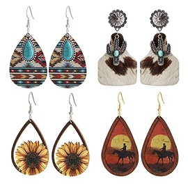 MELLIFO Western Cowgirl Cowboy Earrings Set Boho Vintage Handmade Bohemian Turquoise Cow Print Leather Wood Teardrop Dangle Earrings for Women Girls1